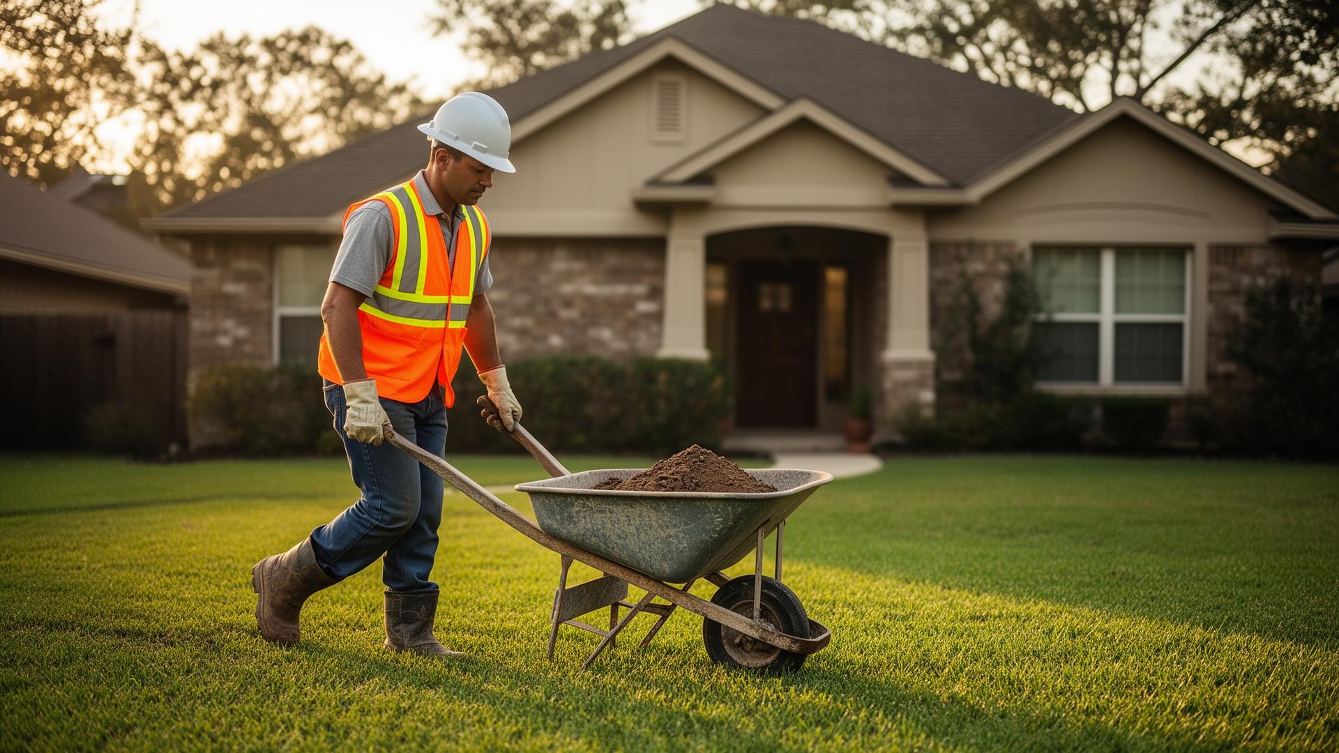 Construction worker in hi-vis vest and hard hat pushing a wheelbarrow of dirt across a Houston home's front lawn